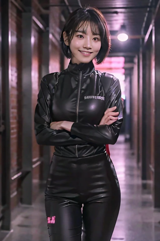 High image quality、detailed、Secret Underground Base、Dimly lit room、Three slim women、smile、Beautiful body、Beautiful Face、Black Eyes、Black Short Hair、black and pink bodysuit、Strict Security Uniform、