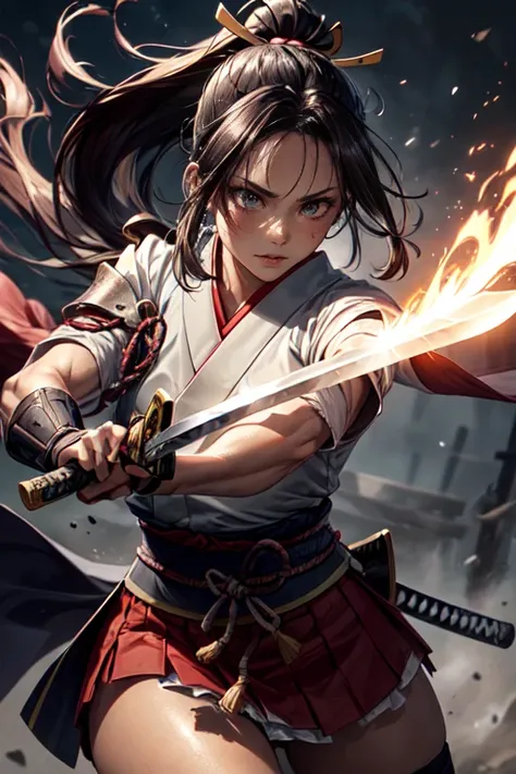 One girl, samurai,Japanese sword,anime,Anatomically correct, A series of character actions, ninja,ponytail, masterpiece, Textured skin, Action Painting, Heavy makeup, Brown Skin,Perfect Face,Perfect Eyes,Hairbands,Overpowering the enemy,Glowing Sword,Unlea...