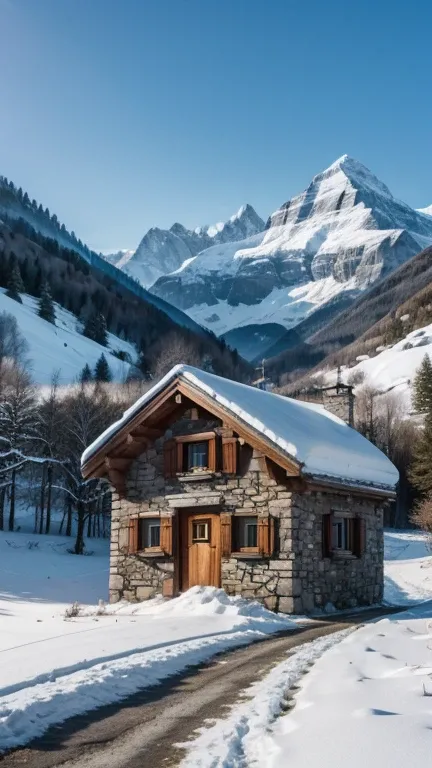 Small masonry house, realistic, IN THE MOUNTAINS, Mountains of Switzerland, snowing
