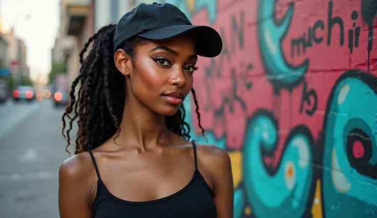 Half body portrait shot of an afro american 20 years old female standing in the street of a contemporary metropolis, In the background a colorful artistic mural graffiti says :"Man & Machine Music" Half body shot: Bare shoulders, nice abs, slim waist, skin...