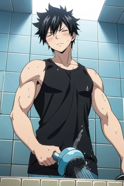 masterpiece, best quality, illustration, 1boy, solo, male focus, looking at viewer, upper body, depth of field, gray_fullbuster, black hair, closed eyes, muscular body, spiked hair,   (black tank-top shirt),   (shower), white wall tiles, view from below,  ...