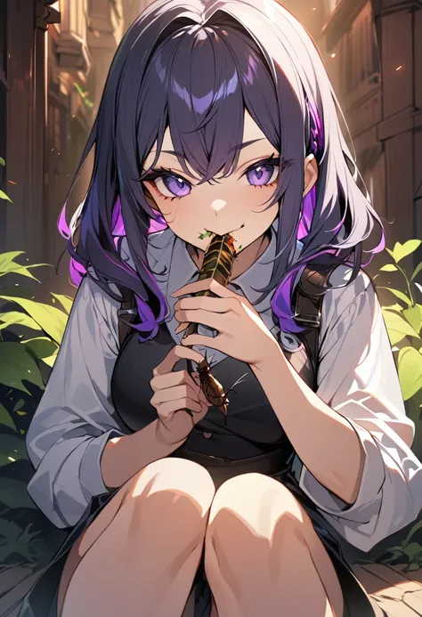 1girl, Sitting Girl, meal, (Eating insects:1.3), smug_ness, fantasy_clothed, close_up of body, (Chewing on insects:1), (masterpiece, ultra_detailed), (Ultra HD:1.3), eating, (Blood from insects:1.1), swallow, rainbow_Hair