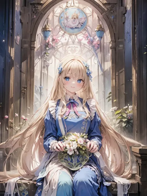 masterpiece, Please redeem, Very detailed, 16k, Ultra-high resolution, Cowboy Shot, Alice in Wonderland, (Art Nouveau:1.5), , Detailed face, smile, blue eyes,blonde, Long Hair, Ribbon on head, Blue clothes, White apron, In a room with a big clock