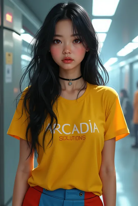 Beautiful black-haired girl with brown eyes and black hair wearing a yellow t-shirt, blue and red, Digital art with the word Arcadia Solutions 