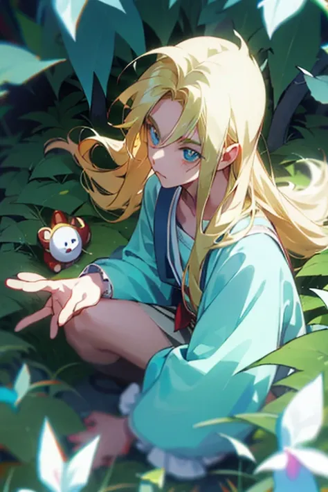 1 man with curly blond hair, with Alice from Wonderland clothes, one blue eye, and another green eye.long hair, Rice, toys, anime, anime style, 