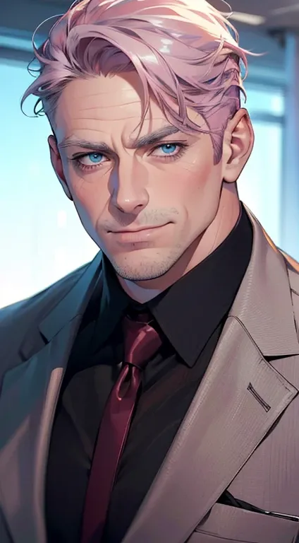 (best quality,4k,8k,highres,masterpiece:1.2),ultra-detailed,(realistic,photorealistic,photo-realistic:1.37),1 man,3,mature man,very handsome,without expression,smile,short grey pink hair,blue eyes,penetrating gaze,perfect face without errors,imposing postu...