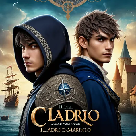 A fantasy book cover set in a medieval world titled Il Ladro e il Marinaio. The cover features two young protagonists standing back to back, showing their profiles. One is a younger mage, with a hooded cloak pulled up, his eyes glowing subtly under the sha...