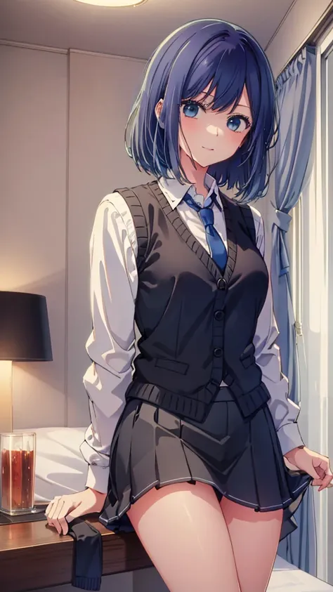 Beautiful lighting, Hotel Rooms、1 girl, Alone, madder, White Shirt, Sweater vest,mini skirt、 Black vest, Blue tie, Thighs、((Anime Style))、((2D))、Laughter、Cowboy Shot