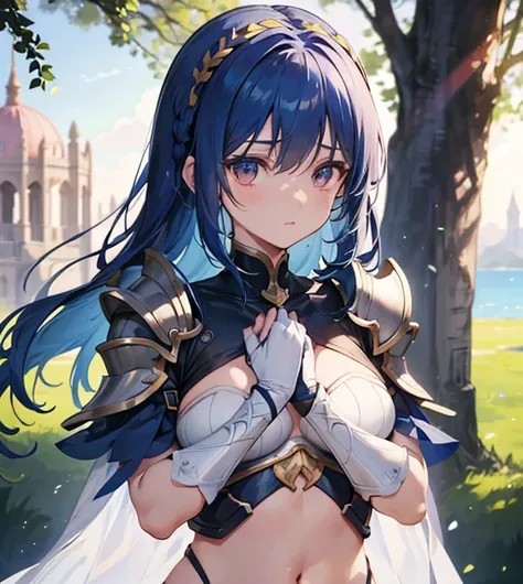 Lapisfe, One girl, Alone, Watching the audience, , bangs, gloves, Upper Body, Braiding, Hairbands, Outdoor, Open lips, null, day, Raise your hand, Pink Eyes, armor, tree, Covered navel, Blurred Background, Place your hands on your chest, shoulder armor, si...