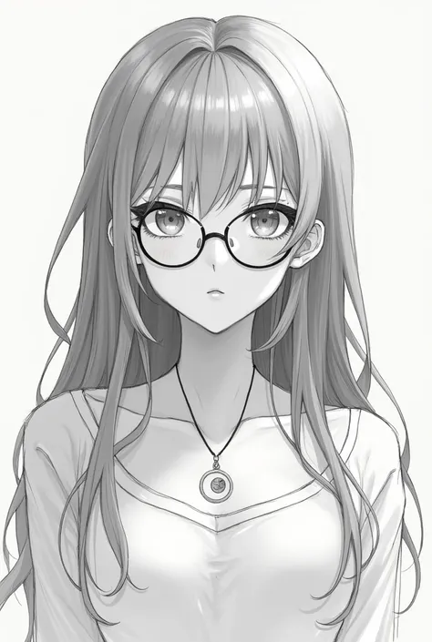  Anime girl pencil sketch long hair no bangs,,with glasses,with necklace moon design,