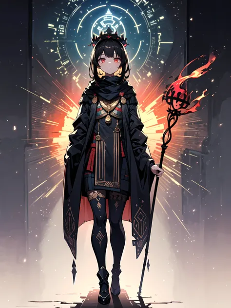 (((masterpiece, best quality, high detailed, 16k))) (1girl) A dark and seductive figure with long, flowing black hair and piercing red eyes. Her outfit is a mix of ancient Egyptian robes and cosmic, alien designs, with intricate hieroglyphs glowing across ...