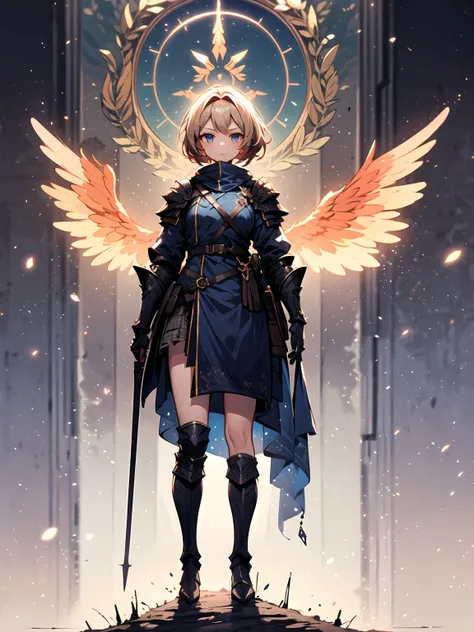 (((masterpiece, best quality, high detailed, 16k))) (1girl) A powerful angelic warrior with short golden hair and piercing blue eyes, wearing shining, intricately detailed golden armor with large, radiant wings. She wields a flaming sword, her expression s...