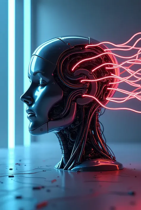 Create a logo for a company profile about " ARTIFICIAL INTELLIGENCE " with a robot head full of neon cables coming out of its head with the name " created by ia " fixed in the image , Hyper-realistic 8k 