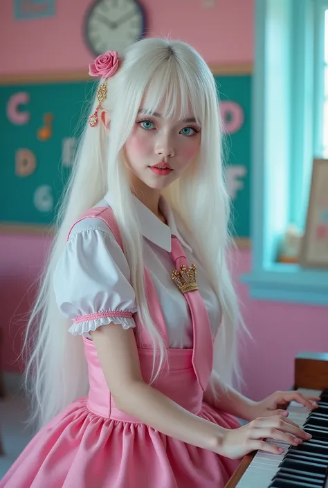 8k photography, beautiful, pale skin, long white hair, bright turquoise blue eyes, In a classroom with pink and blue walls with music notes on the wall,stopped playing a piano ,and behind a Pizarro with the notes C D E F G, wearing a pink princess costume ...