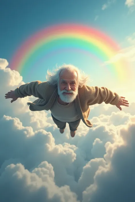 There is an old man flying in the clouds、There&#39;s a rainbow behind it。He seems very happy。Realistically