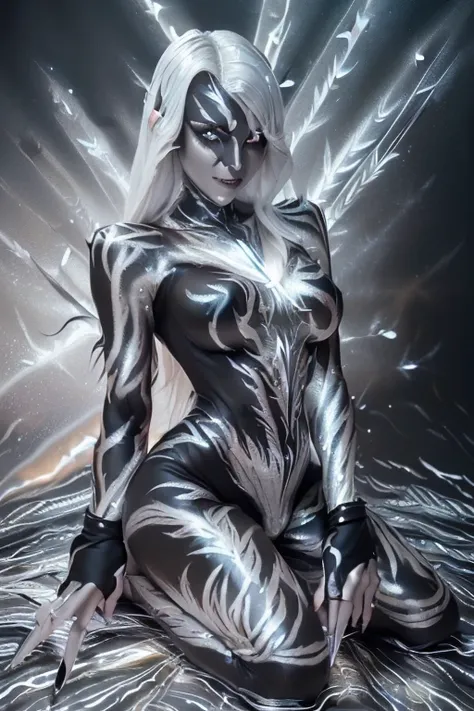 Dark elf, (Full body silver body paint:1.5), (Black gradient paint towards the tip of the arms and legs:1.5), silver body paint, White make up, (Silver flare pattern body aint:1.7), (White flame patterns body paint:1.5), Photorealistic, Bat feathers, silve...