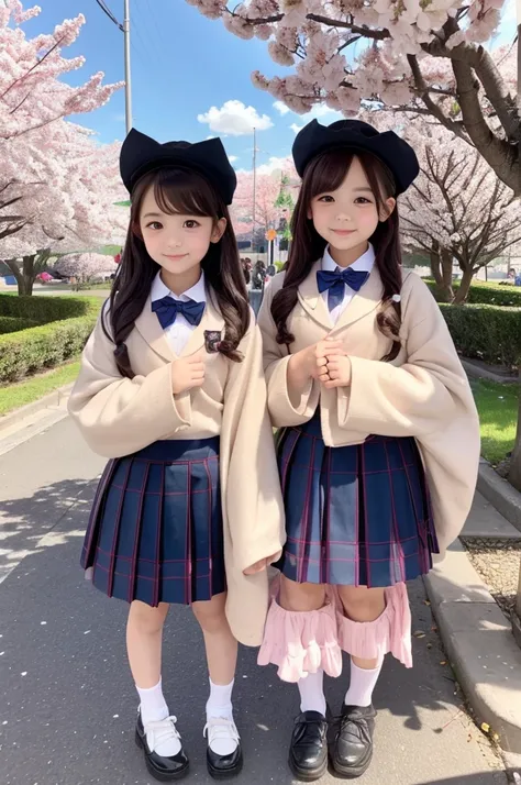 Drawing of twin girls in anime style、sleeve、８Age、clone、High definition、cherry blossoms、Tree-lined street、School route、very cute,cute dwarf,cute,cute eye,bombshell