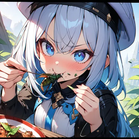 1girl, Sitting Girl, meal, (Eating insects:1.6), smug_ness, fantasy_clothed, close_up of body, ((masterpiece, ultra_detailed)), (Ultra HD:1.2), beautiful blue eyes, Light cherry-coloured hair