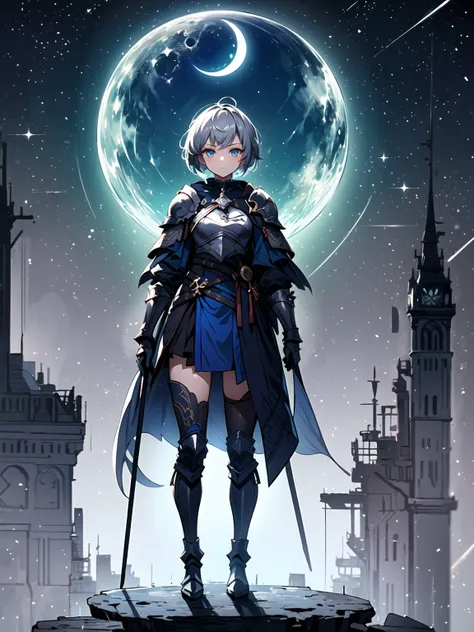 (((masterpiece, best quality, high detailed, 16k))) (1girl) A fierce warrior with short silver hair and glowing blue eyes, wearing light silver armor with a crescent moon emblem on her chest. Her flowing cape trails stardust as she wields a shining spear. ...