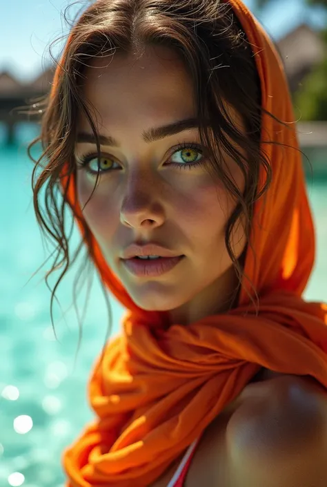  (midshot:1.2),bellissima, 1girl, the woman with green eyes is wearing an orange scarf,sparkling waters of the Maldives offer a tranquil escape from the world,Grunge style Textured distressed vintage edgy punk rock vibe dirty noisy,epic Detailed illustrati...