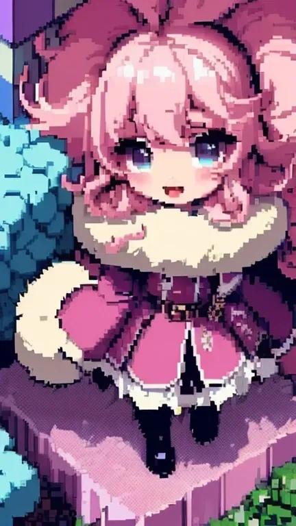 (pixel:1.3),(pixel art:1.3),solo,1girl(smile, cute, Mouth open, (Fluffy hair:1.5), (hair floating),big eyes,cosmic eyes,Long Hair, hair(sheep wool), Pink Hair, ((glorious hair)), eyebrow, (((Thick eyebrows))), frilled Pink dress, Long skirt, pastel blue Ca...