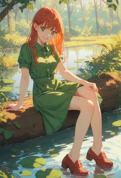 1girl, dark round button eyes, nighttime, Mary jane shoes, old fashioned green dress, short sleeves, smiling sinisterly, sitting on a log, pond, creepy surroundings