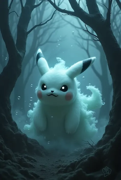 A menacing foam creature resembling a ghostly Pikachu lurks in a dense, foggy forest, surrounded by swirling soap bubbles, overlooking, (gloomy enchanted woods:1.3),