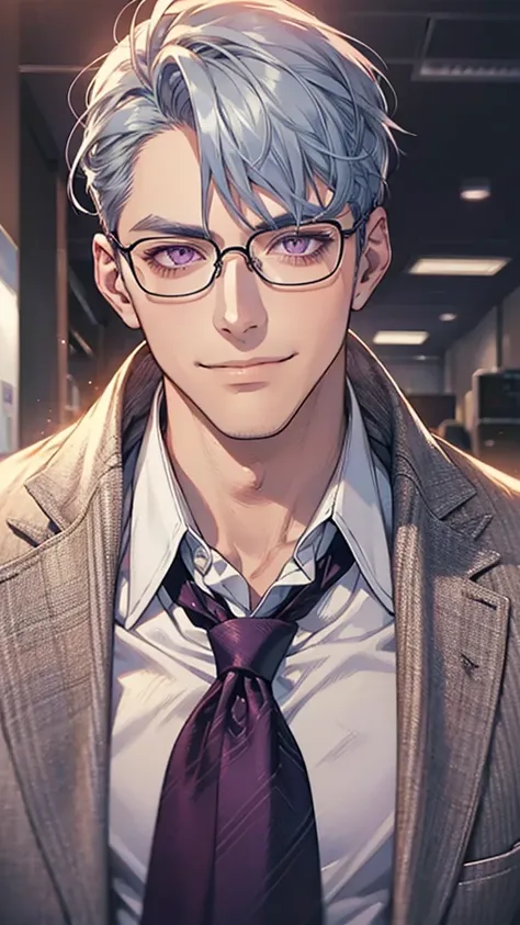 1 mature man, beautiful detailed skin, very handsome, expressionless smile, short gray blue hair, purple eyes, sharp eyes, perfect face, businessman, office background, cinema lighting, HDR, tie, sakura in hair, glasses