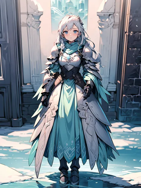 (((masterpiece, best quality, high detailed, 16k))) (1girl) A cold and majestic figure with long white hair and icy blue eyes, dressed in armor made of ice and frost. Snowflakes swirl around her as she commands the bitter chill of winter. Her expression is...