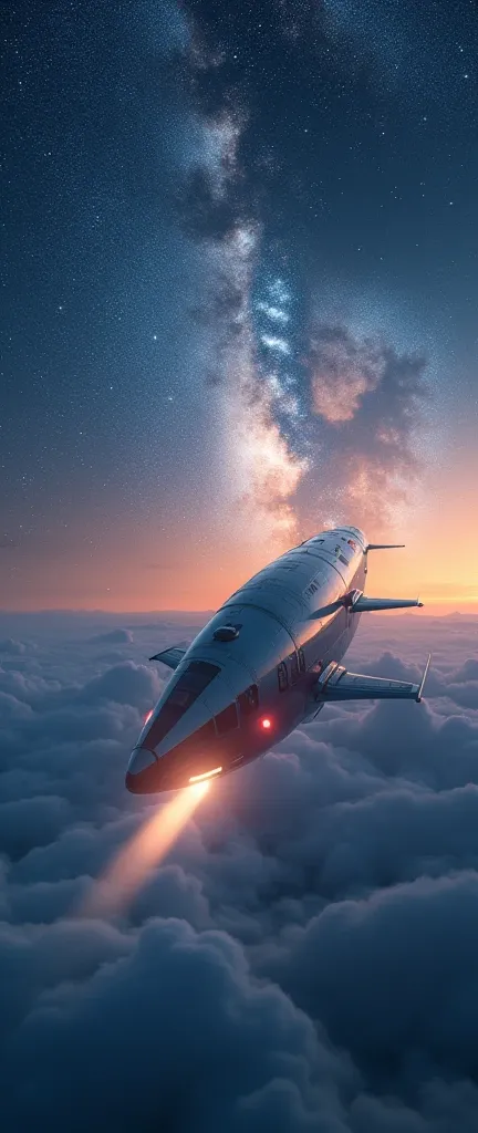 A train-shaped spaceship heads to the galaxy,Hope emerges from the clouds,Aircraft Light,Cool, sci-fi look,(SF的な流線形のbeautiful機体:2.0),(The background is the universe and the Milky Way:1.6),masterpiece,Please redeem,Ultra-high resolution,(Super detailed),8k,...