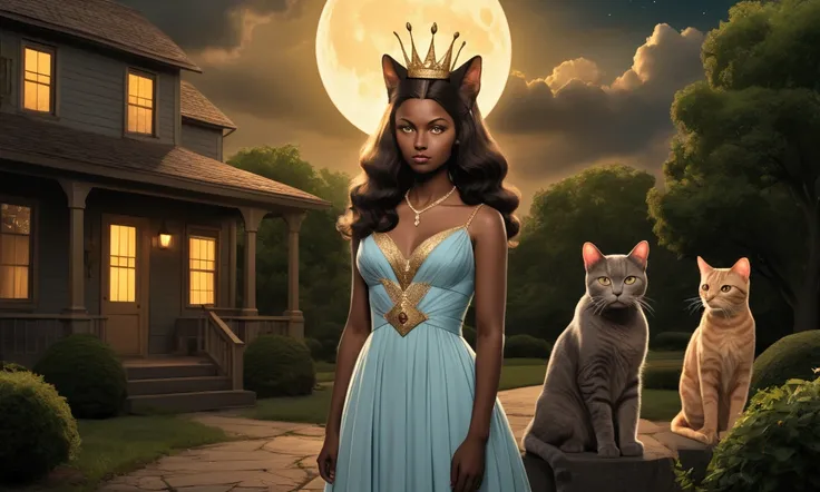 A goddess made flesh, reference series American Gods, Bast has been born to flesh. She is dressed exquisitely for high school prom night. Bast is outside her home staring longingly at the moon. Cats flock to her, seeking to gaze once again upon their queen...