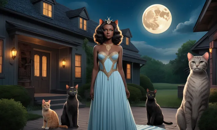 A goddess made flesh, reference series American Gods, Bast has been born to flesh. She is dressed exquisitely for high school prom night. Bast is outside her home staring longingly at the moon. Cats flock to her, seeking to gaze once again upon their queen...