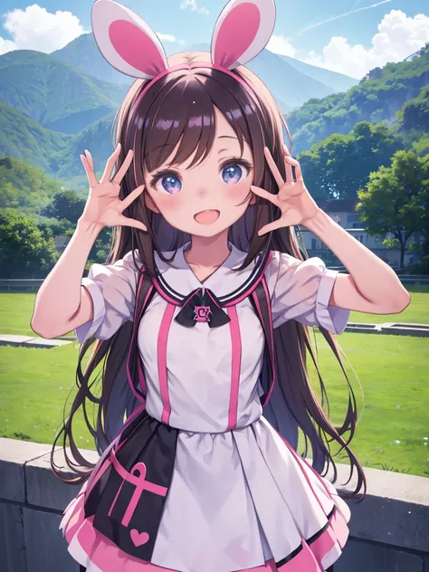 16k,One Girl, Kizuna Ai (Kizuna Ai), Kizuna Ai, ,〇fficial style,smile,:〇,cute,Small breasts,Natural Light,studio，Open your mouth，Around town，Posing with hands， (masterpiece, Please redeem),,detailed landscape,l〇〇king view,p〇v,white backgr〇And