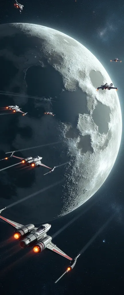 Countless space fighters engaged in a dogfight in space near the surface of the moon