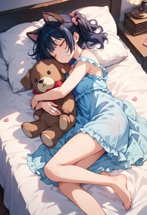 1girl, short black hair, twin tails, heart necklace, eyes closed, nighttime background, sleeping in bed, hugging a teddy bear, b...