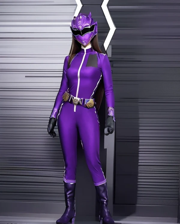 A woman dark purple rangers, dark purple ranger suit, as she power rangers dark purple, full body , helmet mask, long hair, high detailed, realistic, gloves, ultra realistic, ((full face helmet)), black shield sunglasses on eyes, smart black sunglasses 