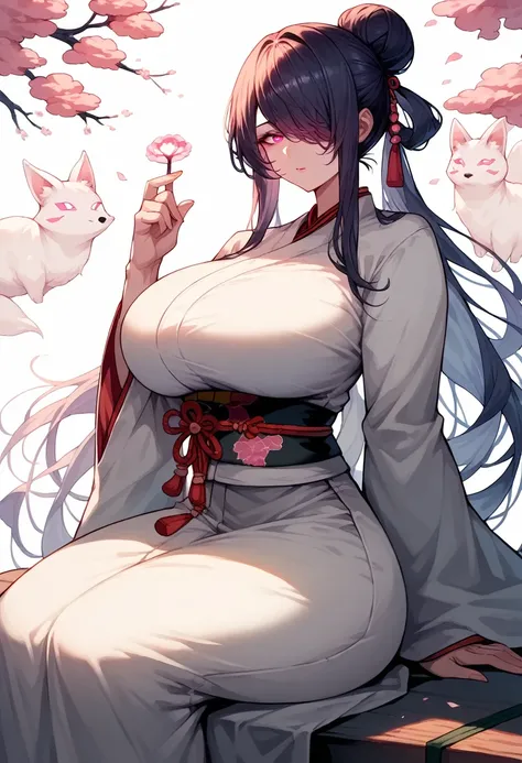 kitsune, sitting, mixed_artwork style, (detailed eyes), (Mature woman), beautiful woman, huge breasts, white long hair, large bangs, bangs over eye, hair bun, (black martial clothes, black), pink eyes, lovely face, mole under eye, huge body