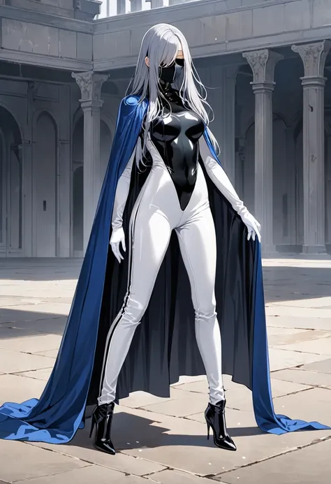 , 1girl, solo, grey full bodysuit, long blue cape, cape touches on ground, white gloves, Wide Leg Faux Leather Pants, black heel boots, grey hair, long hair, white mask covered faces, masterpiece, best quality, standing 