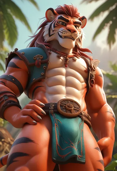 close up cartoon: alone, masculine, antromorfo, 3d tiger, 3d model, red body, abs on the body, with long hairstyle, attire: loin...