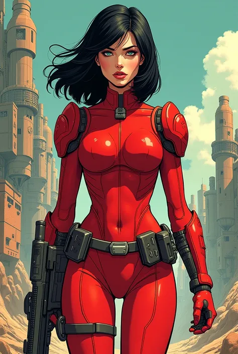 comic art, comic book art, cores vintage, style Terry Moore, woman, soldier sci-fi, black hair, blue eyes, bright red Hitech armor, sci-fi scenario