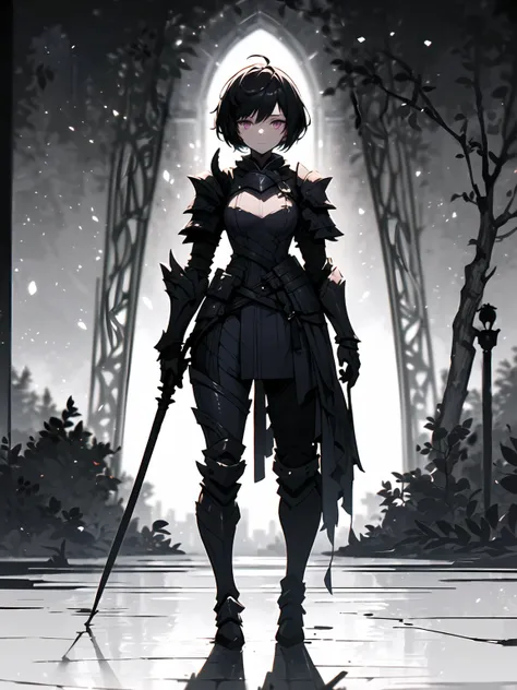 (((masterpiece, best quality, high detailed, 16k))) (1girl) A mysterious, shadowy woman with short black hair and piercing violet eyes. She wears dark, sleek armor designed for stealth, with intricate patterns that shift and blend into the shadows. Nyxara ...