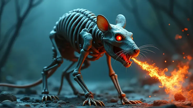 (Best Quality,hight resolution,Masterpiece, full body shot:1.2),Ultra-detailed,Skeleton of a rat (zombified horror rat) CU (piercing red eyes),desolated and depressing scenario in the background,Close-up let go (Blood and fire) Through the nose,Chest scale...