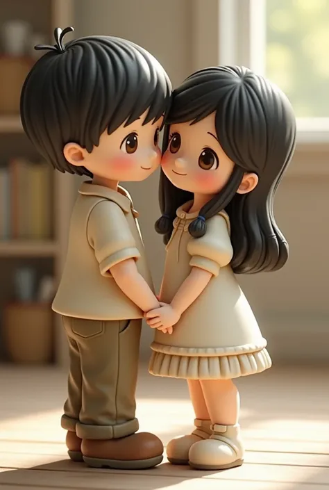 Precious moments figurines, a boy and a girl with black hair, brown eyes.They are standing side by side and looking towards the screen