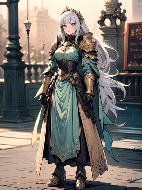 (((masterpiece, best quality, high detailed, 16k))) (1girl) A striking female warrior, clad in gleaming golden armor with a large scale in one hand, symbolizing balance and fairness. Her long flowing silver hair matches her piercing blue eyes. The battlefi...