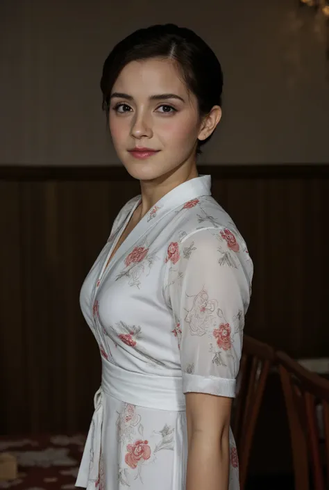 cowboy shot,  side face, 1 woman, beautiful young japaneses woman,  20-age, (black hair , chignon , fringe, beautiful dark brown...