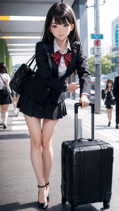 Asian woman wearing a skirt and high heels leaning on a suitcase, High school girl posing, Cute school girl, Spread your legs、Cute black panties are visible、Shooting from a bottom angle、that&#39;At a slightly lower position、Look straight into the camera、, ...