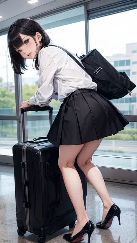 Asian woman wearing a skirt and high heels leaning on a suitcase, High school girl posing, Cute school girl, Spread your legs、Cute black panties are visible、Shooting from a bottom angle、that&#39;At a slightly lower position、Look straight into the camera、, ...