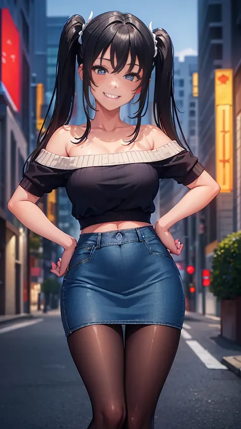 (8k、Best image quality、highest quality、masterpiece)、Detailed face、One girl、Black Hair、twintails、Light blue eyes、evil smile、((Grin))、Small breasts、((white knit))、Off the shoulder、Strapless、((denim pencilskirt))、((pantyhose))、Cowboy Shot、City Background