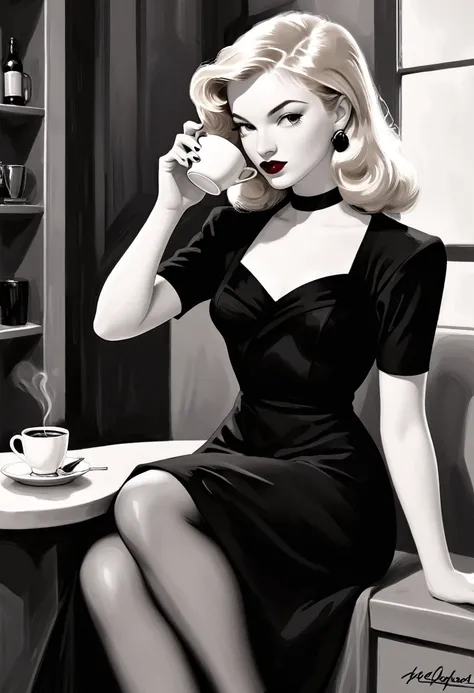 drinking a cup of coffee. (black and white), pinup,(monochrome).(rule of thirds),((hyper-realistic illustration:1.4)) beautiful ...