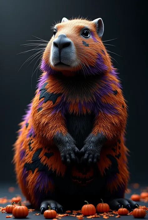 a highly detailed, hyperrealistic, and strikingly beautiful capybara, its fur intricately adorned with vibrant Halloween-themed colors and patterns such as orange, black, and purple, featuring spooky symbols like jack-o-lanterns, ghosts, and bats, set agai...